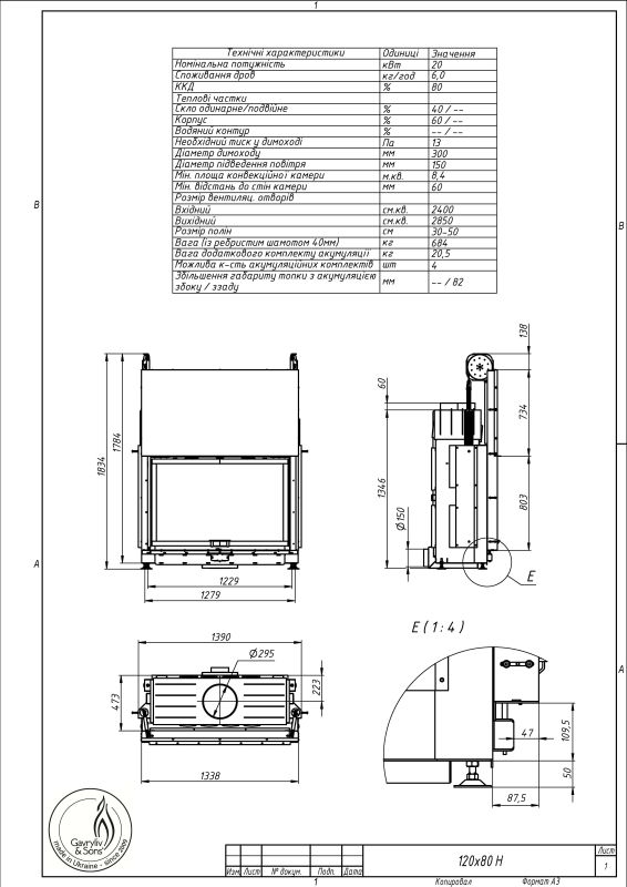 Камінна топка Gavryliv&Sons 120x80 гільйотина