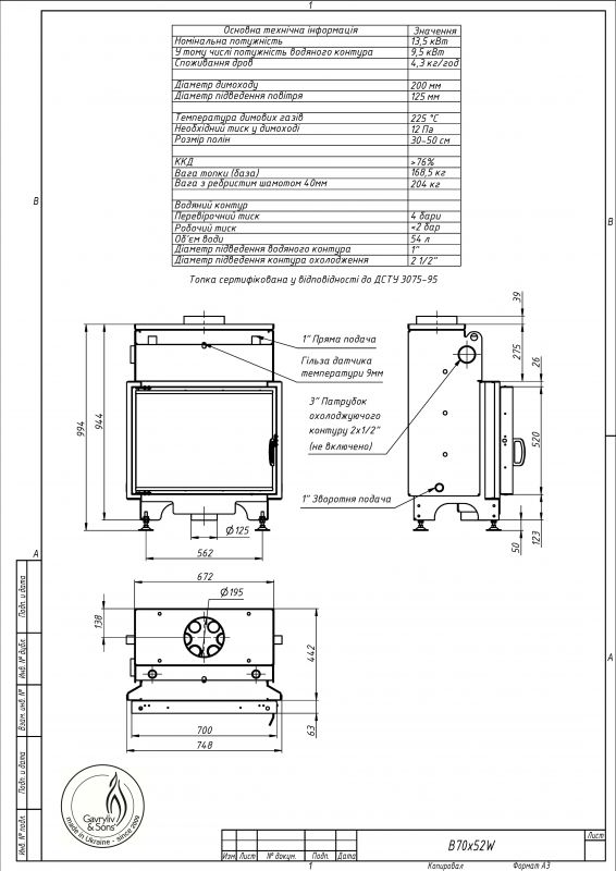 Камінна топка Gavryliv&Sons 70x52BW