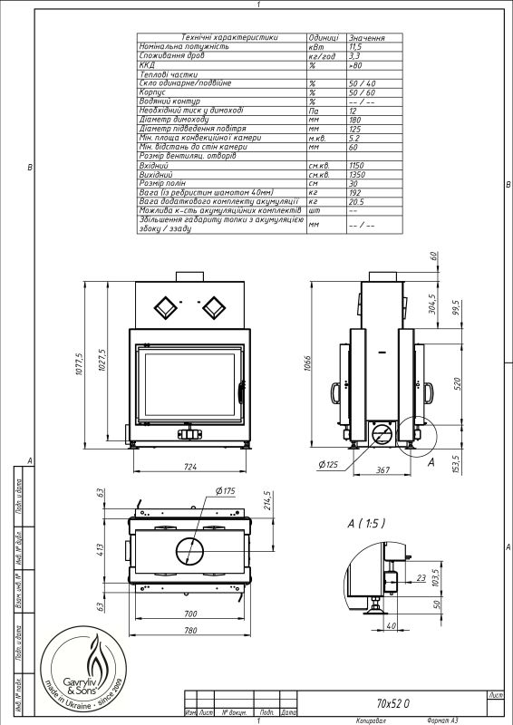 Камінна топка Gavryliv&Sons 70x52 тунельна