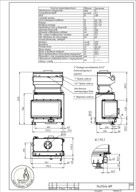 Камінна топка Gavryliv&Sons 74x37x44WM модульна