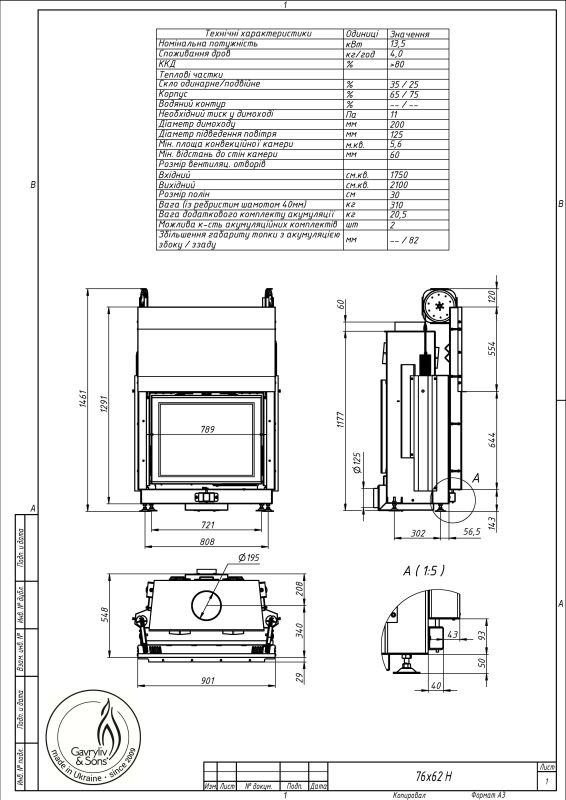 Камінна топка Gavryliv&Sons 76x62 гільйотина