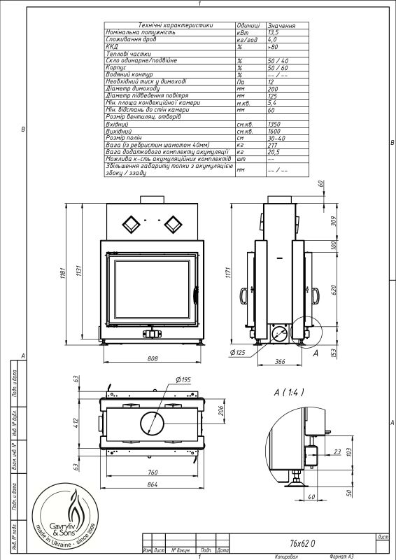Камінна топка Gavryliv&Sons 76x62 тунельна