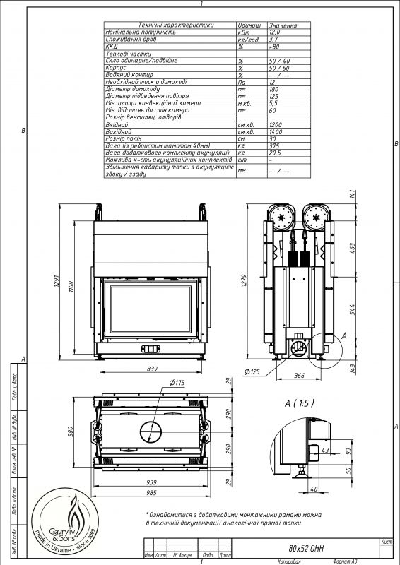 Камінна топка Gavryliv&Sons 90x75 тунельна подвійна гільйотина