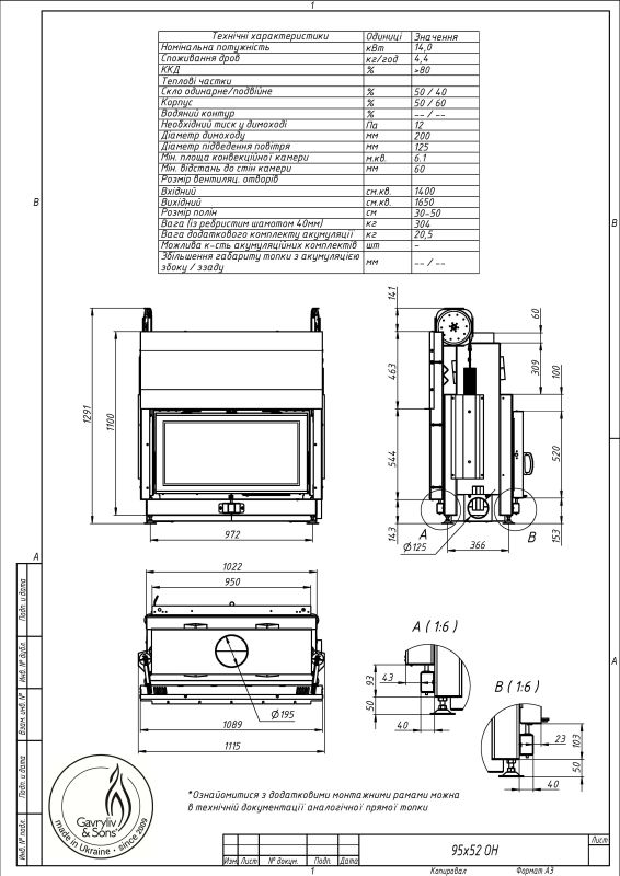 Камінна топка Gavryliv&Sons 95x52 тунельна гільйотина