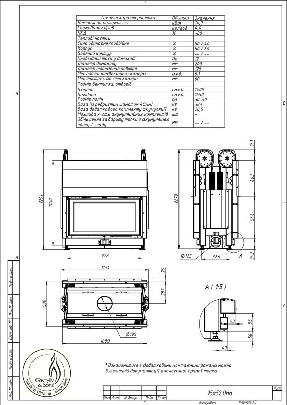Камінна топка Gavryliv&Sons 95x52 тунельна подвійна гільйотина