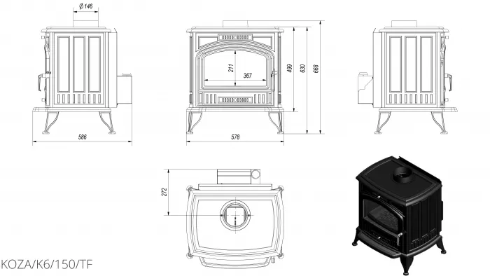 Піч-камін Kratki KOZA K6 Ø 150 TURBOFAN