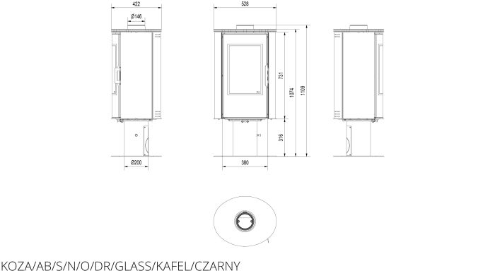 Піч-камін Kratki KOZA AB S/N/O/DR GLASS кахель чорна