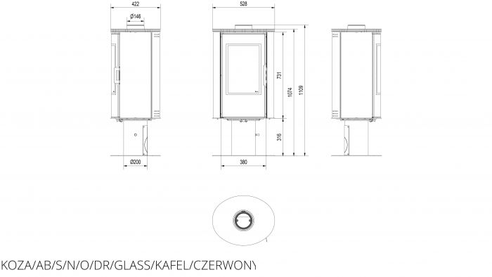 Піч-камін Kratki KOZA AB S/N/O/DR GLASS кахель червона
