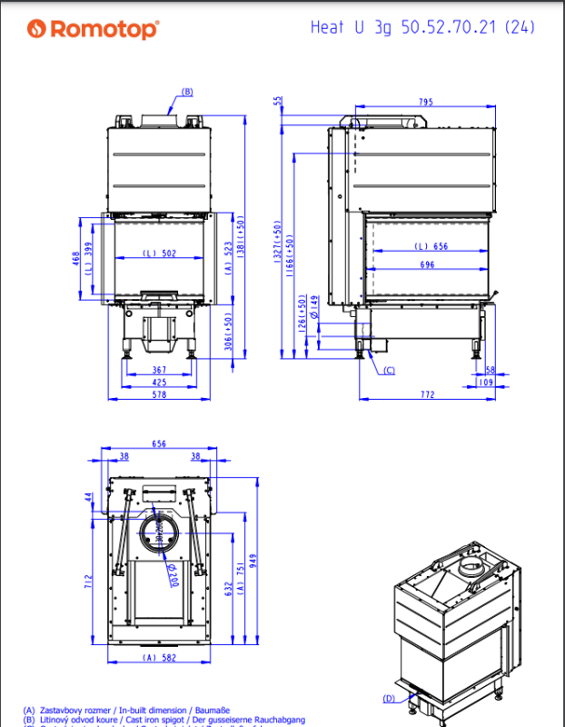Камінна топка Romotop HEAT U 3g L 50.52.70.25 - тристороння топка для каміна з темним шамотом