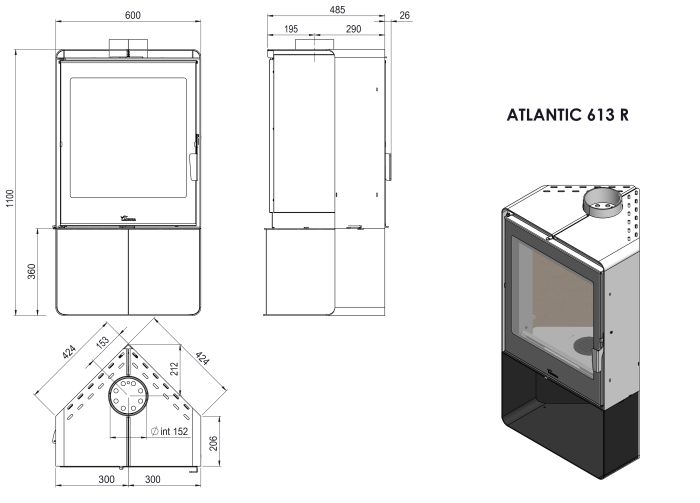 Кутова сталева піч-камін Lacunza Atlantic 613R з нішею